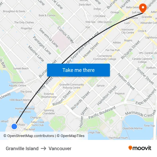 Granville Island to Vancouver map