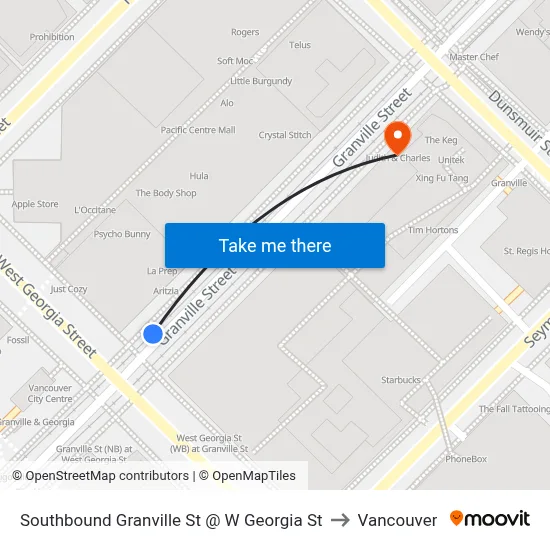 Southbound Granville St @ W Georgia St to Vancouver map