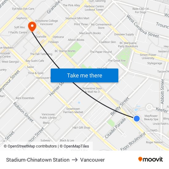 Stadium-Chinatown Station to Vancouver map