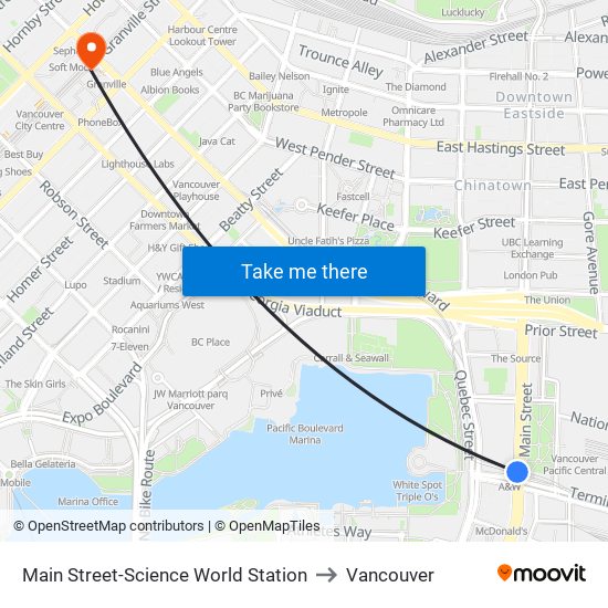 Main Street-Science World Station to Vancouver map