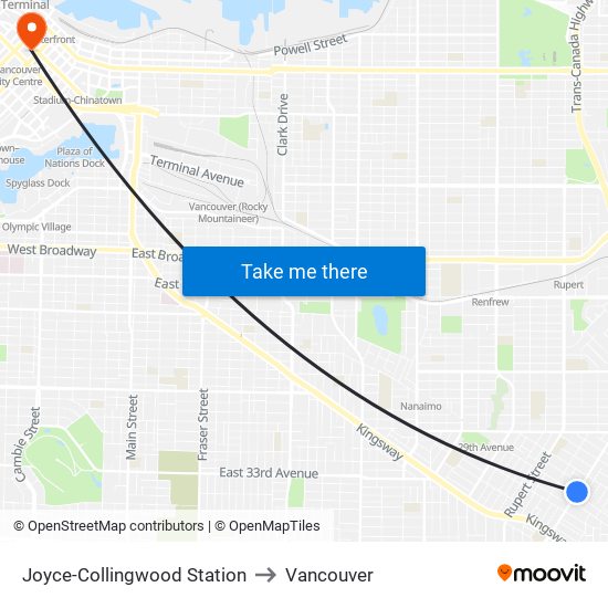 Joyce-Collingwood Station to Vancouver map