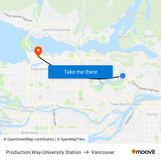 Production Way-University Station to Vancouver map