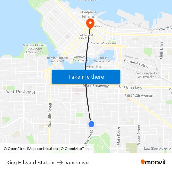 King Edward Station to Vancouver map