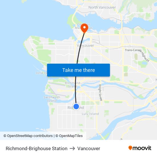 Richmond-Brighouse Station to Vancouver map