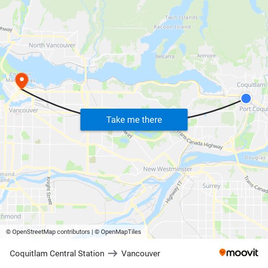 Coquitlam Central Station to Vancouver map