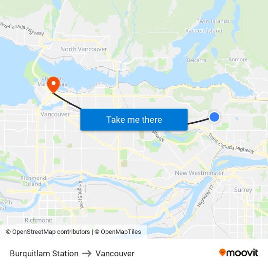 Burquitlam Station to Vancouver map