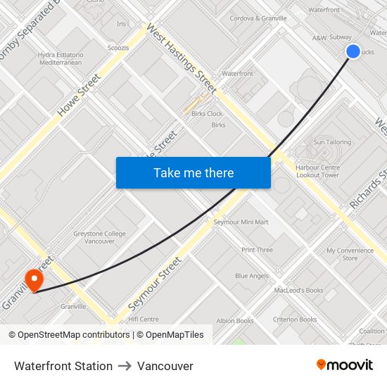 Waterfront Station to Vancouver map