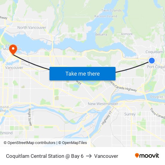 Coquitlam Central Station @ Bay 6 to Vancouver map