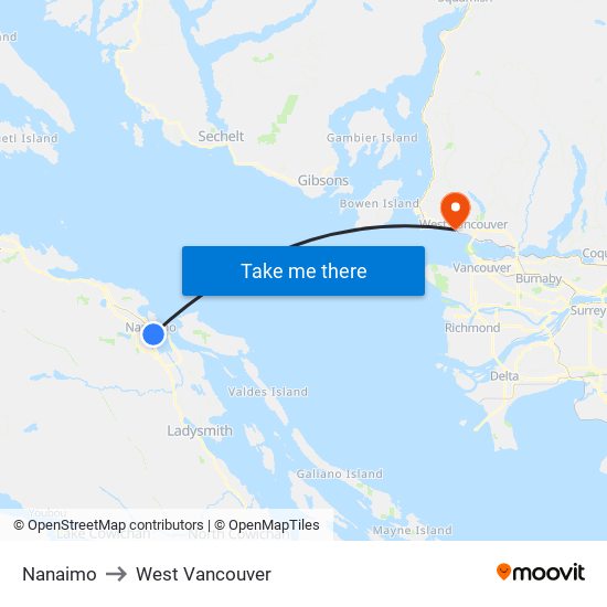 Nanaimo to West Vancouver map