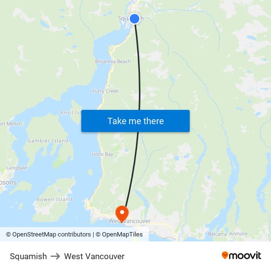 Squamish to West Vancouver map