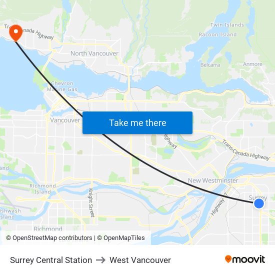 Surrey Central Station to West Vancouver map
