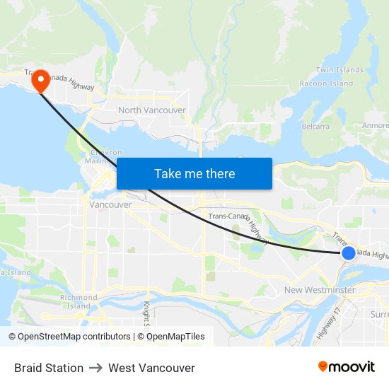 Braid Station to West Vancouver map