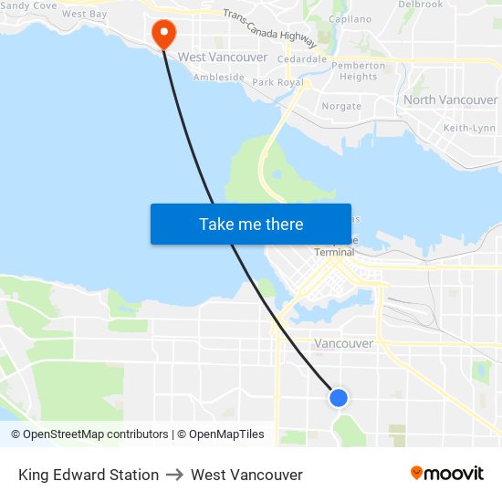 King Edward Station to West Vancouver map