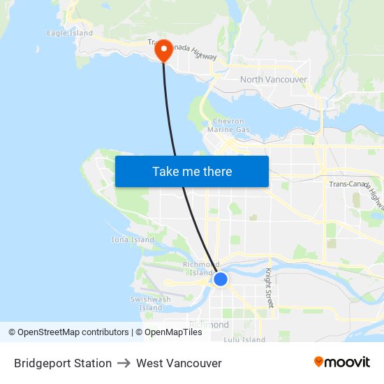 Bridgeport Station to West Vancouver map