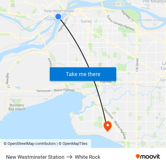 New Westminster Station to White Rock map