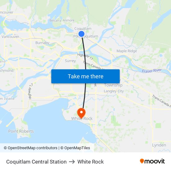 Coquitlam Central Station to White Rock map