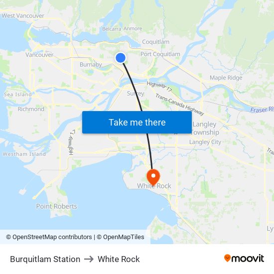 Burquitlam Station to White Rock map