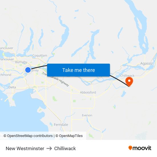 New Westminster to Chilliwack map