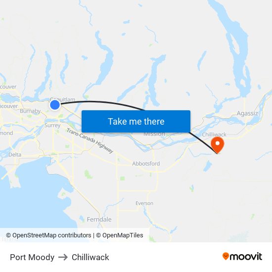 Port Moody to Chilliwack map