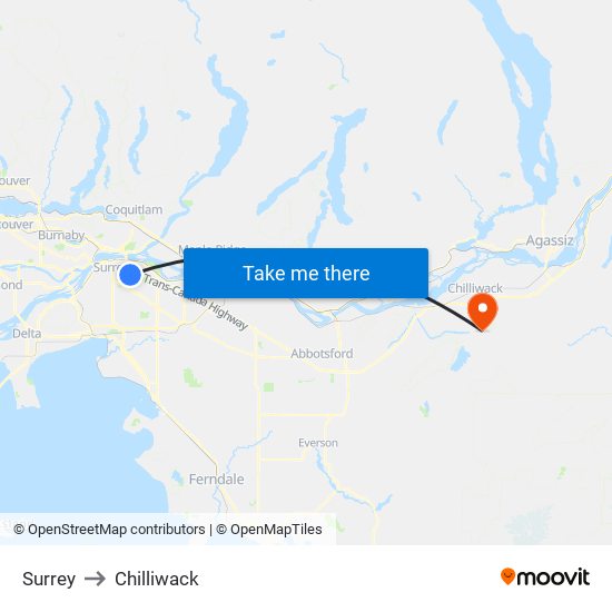 Surrey to Chilliwack map