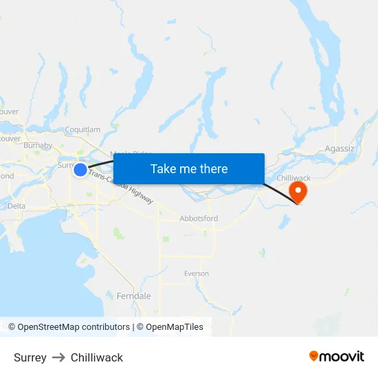 Surrey to Chilliwack map