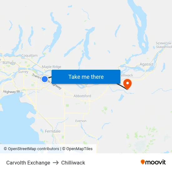 Carvolth Exchange to Chilliwack map