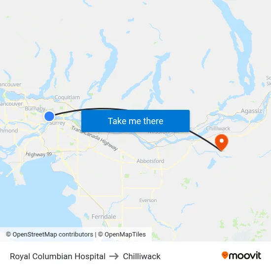 Royal Columbian Hospital to Chilliwack map
