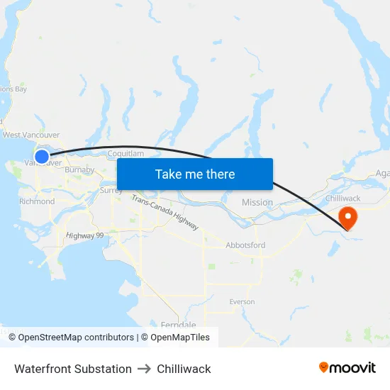 Waterfront Substation to Chilliwack map