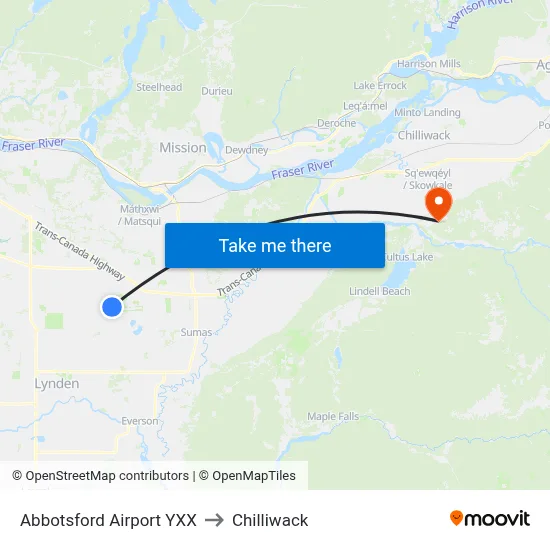 Abbotsford Airport YXX to Chilliwack map