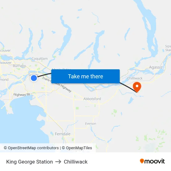 King George Station to Chilliwack map