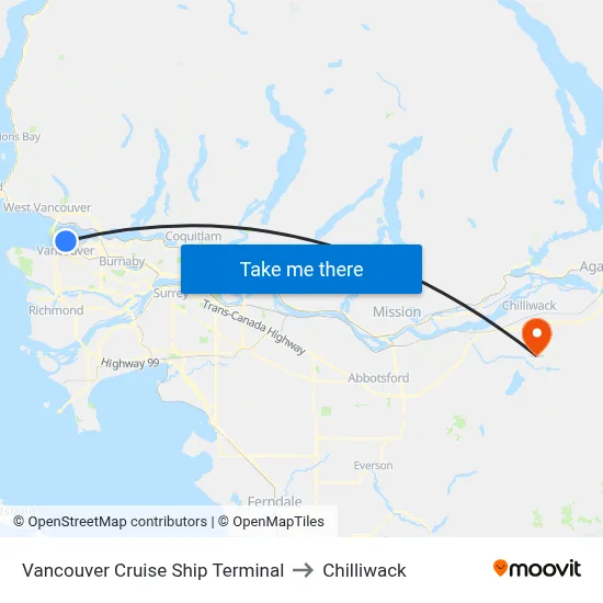 Vancouver Cruise Ship Terminal to Chilliwack map