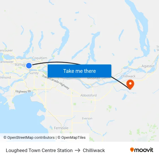 Lougheed Town Centre Station to Chilliwack map