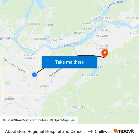 Abbotsford Regional Hospital and Cancer Centre to Chilliwack map