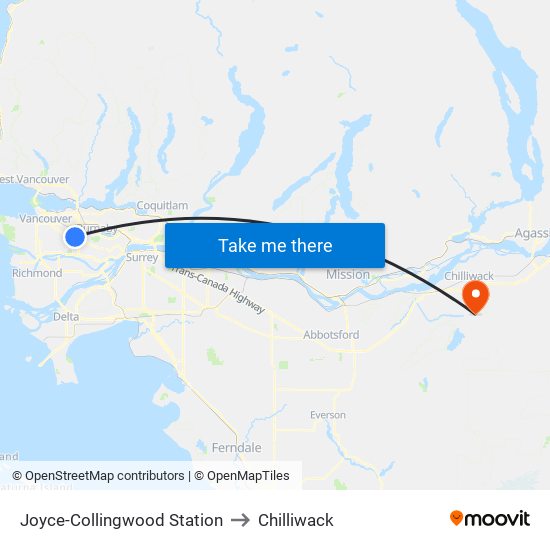 Joyce-Collingwood Station to Chilliwack map