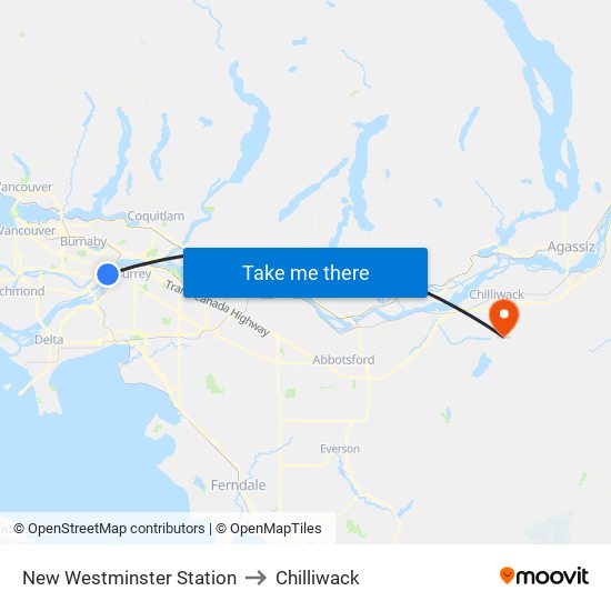 New Westminster Station to Chilliwack map