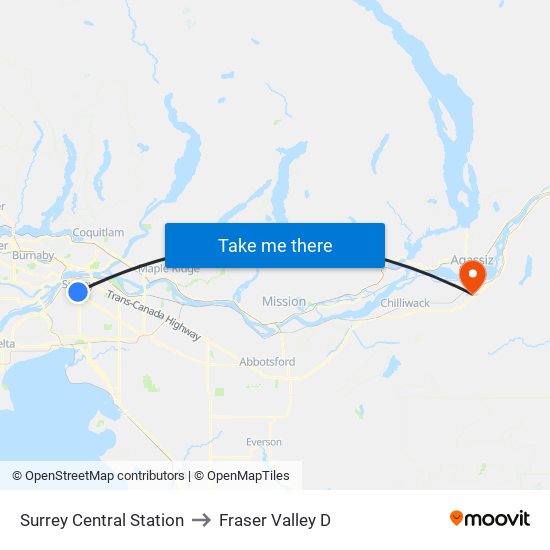 Surrey Central Station to Fraser Valley D map