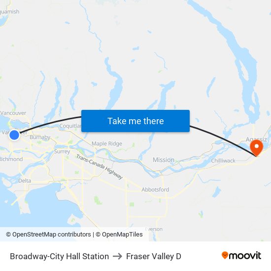 Broadway-City Hall Station to Fraser Valley D map