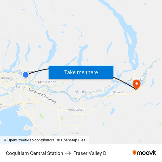 Coquitlam Central Station to Fraser Valley D map