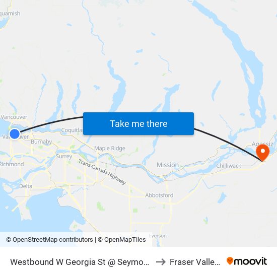 Westbound W Georgia St @ Seymour St to Fraser Valley D map