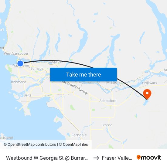 Westbound W Georgia St @ Burrard St to Fraser Valley E map