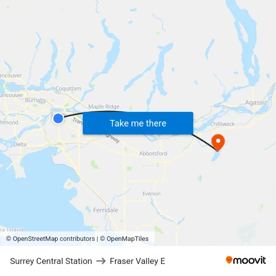 Surrey Central Station to Fraser Valley E map