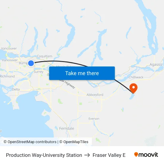 Production Way-University Station to Fraser Valley E map