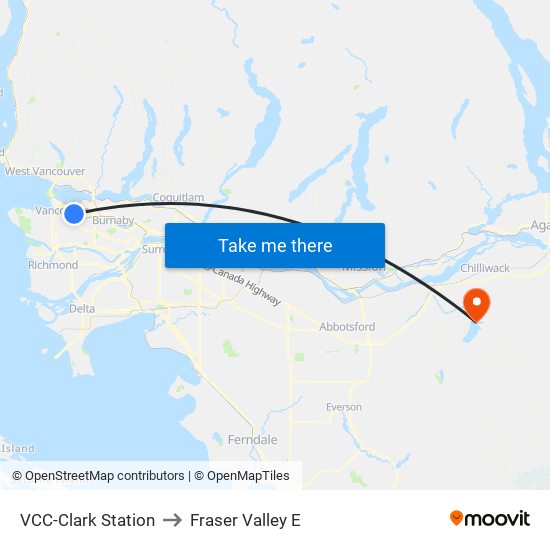 VCC-Clark Station to Fraser Valley E map