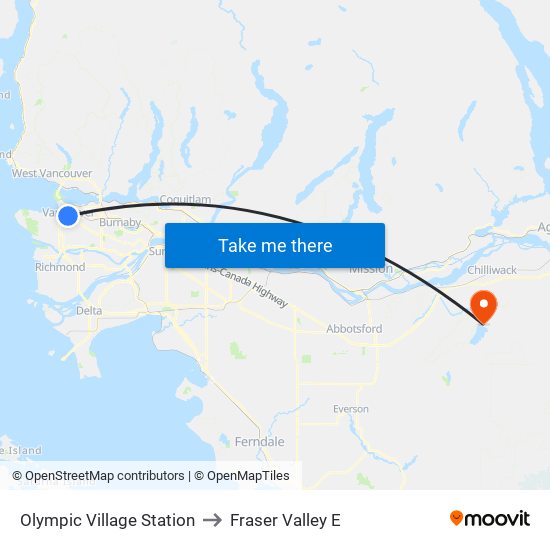 Olympic Village Station to Fraser Valley E map