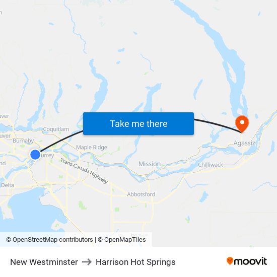 New Westminster to Harrison Hot Springs map