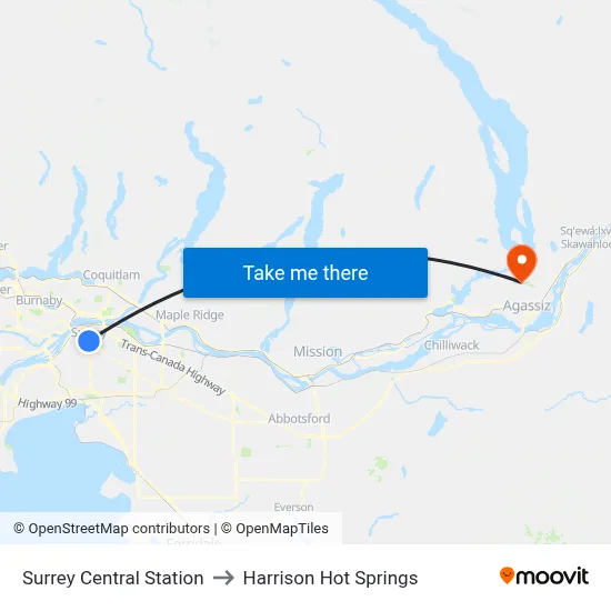 Surrey Central Station to Harrison Hot Springs map