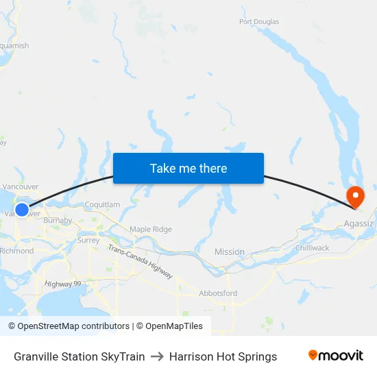 Granville Station SkyTrain to Harrison Hot Springs map