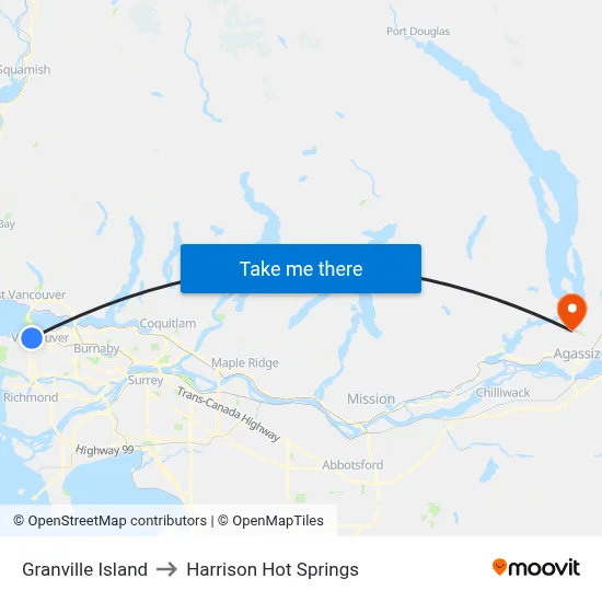 Granville Island to Harrison Hot Springs map