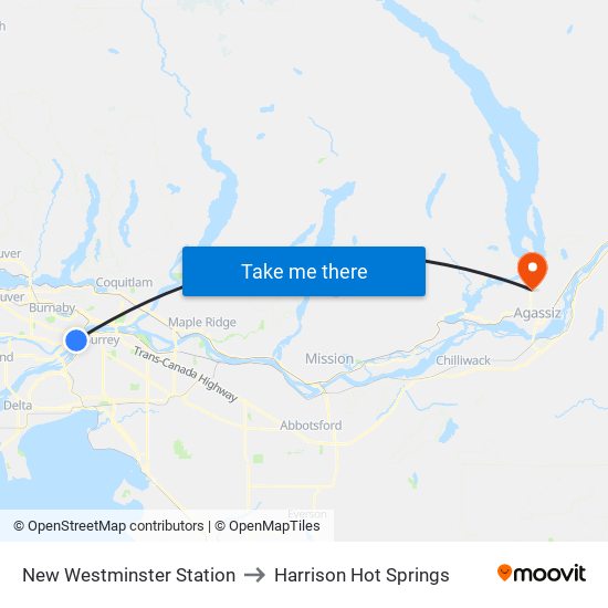 New Westminster Station to Harrison Hot Springs map