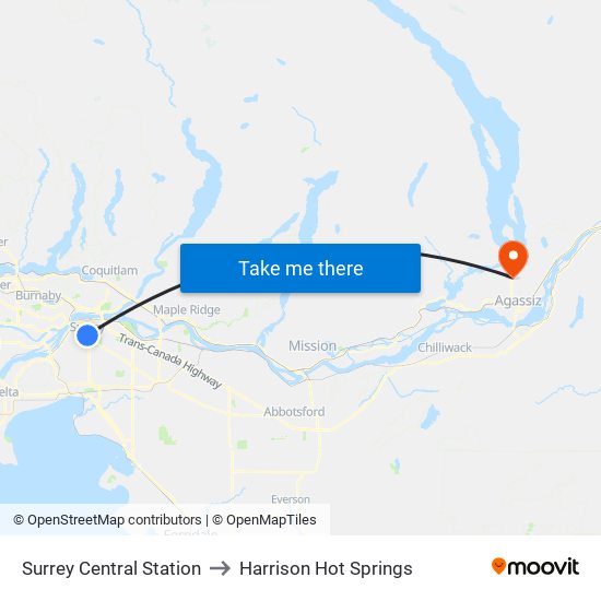 Surrey Central Station to Harrison Hot Springs map
